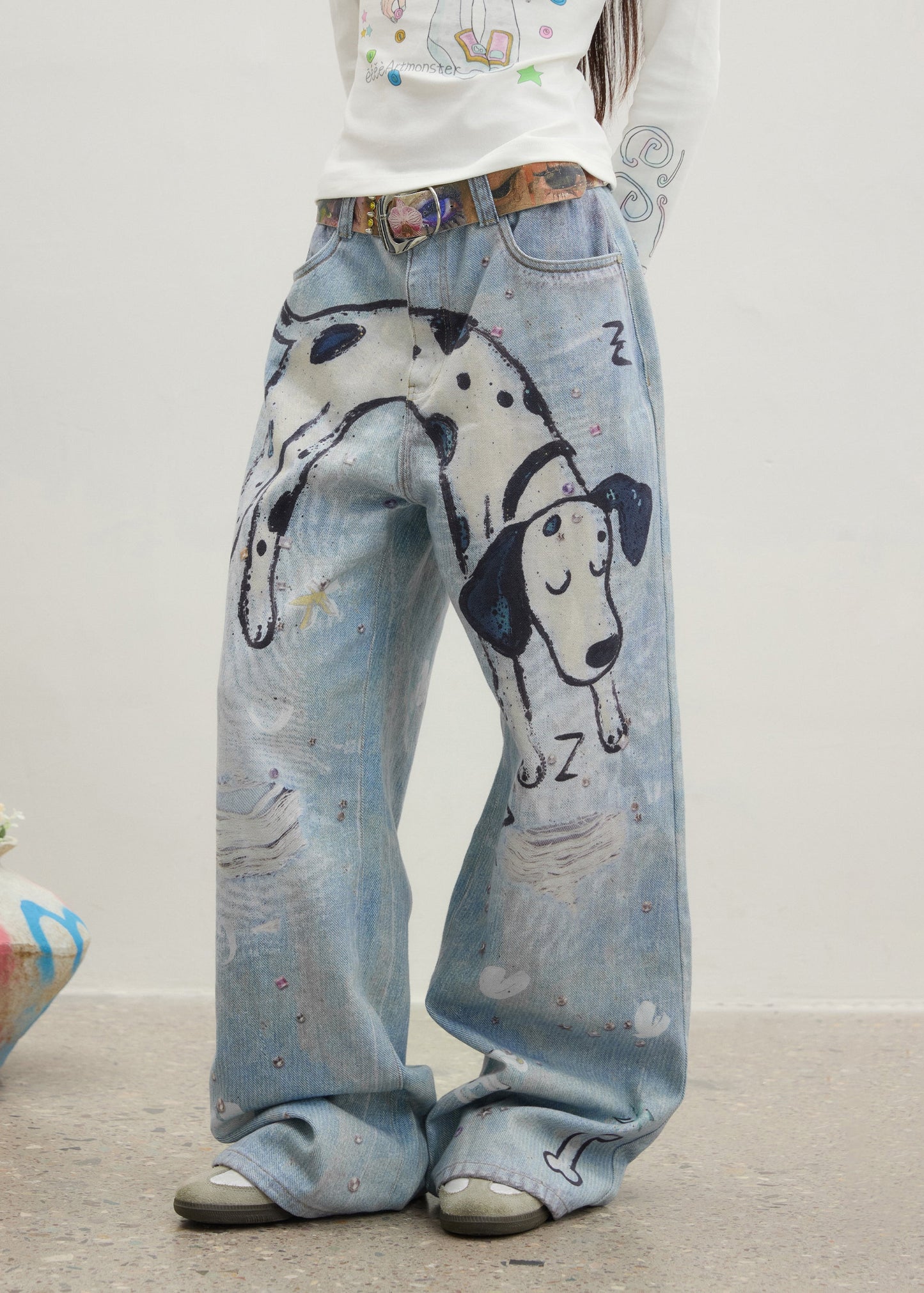 Original Design Blue Cartoon Print Zircon Denim Pants Spring