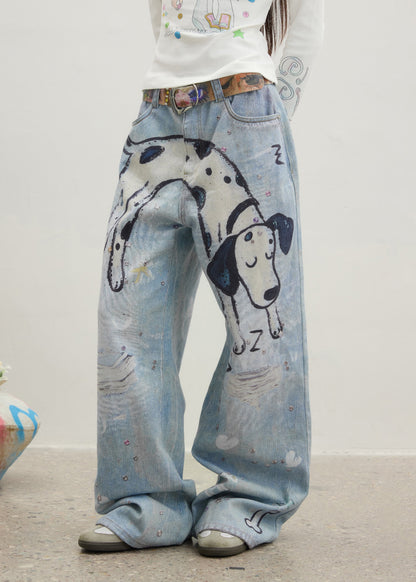 Original Design Blue Cartoon Print Zircon Denim Pants Spring