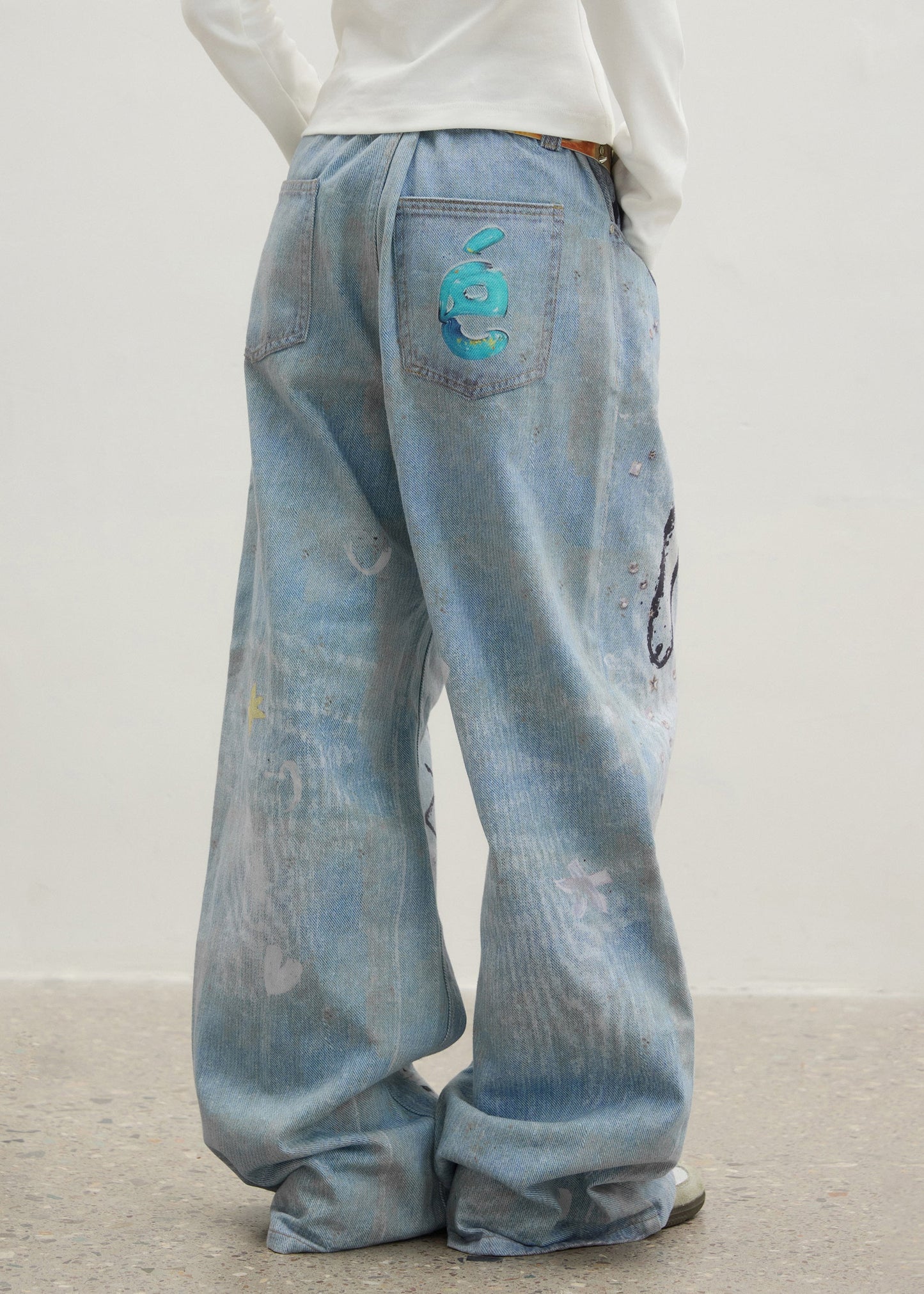 Original Design Blue Cartoon Print Zircon Denim Pants Spring