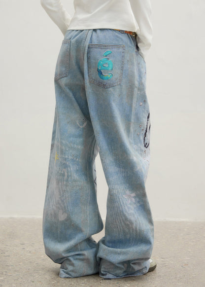 Original Design Blue Cartoon Print Zircon Denim Pants Spring