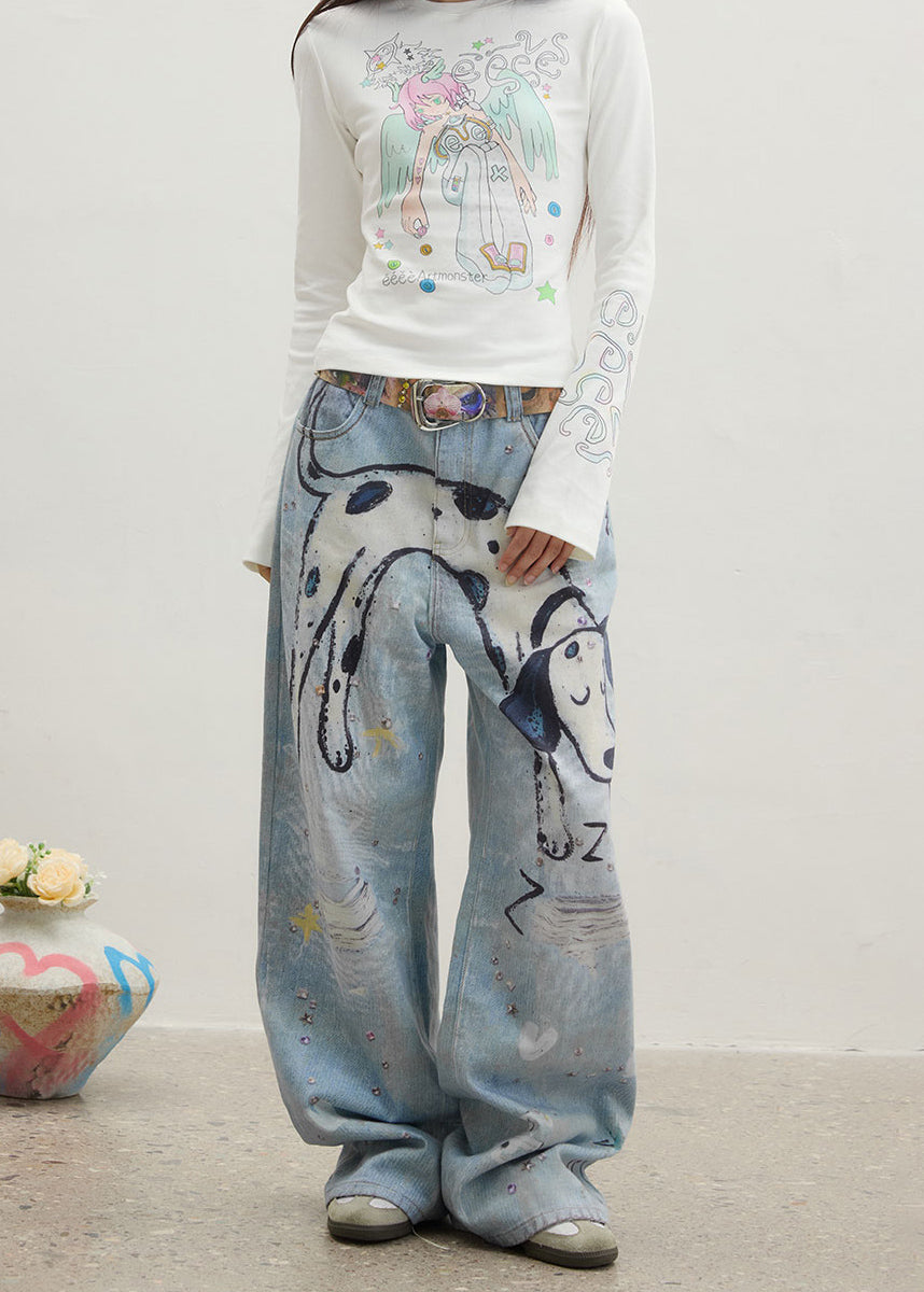 Original Design Blue Cartoon Print Zircon Denim Pants Spring