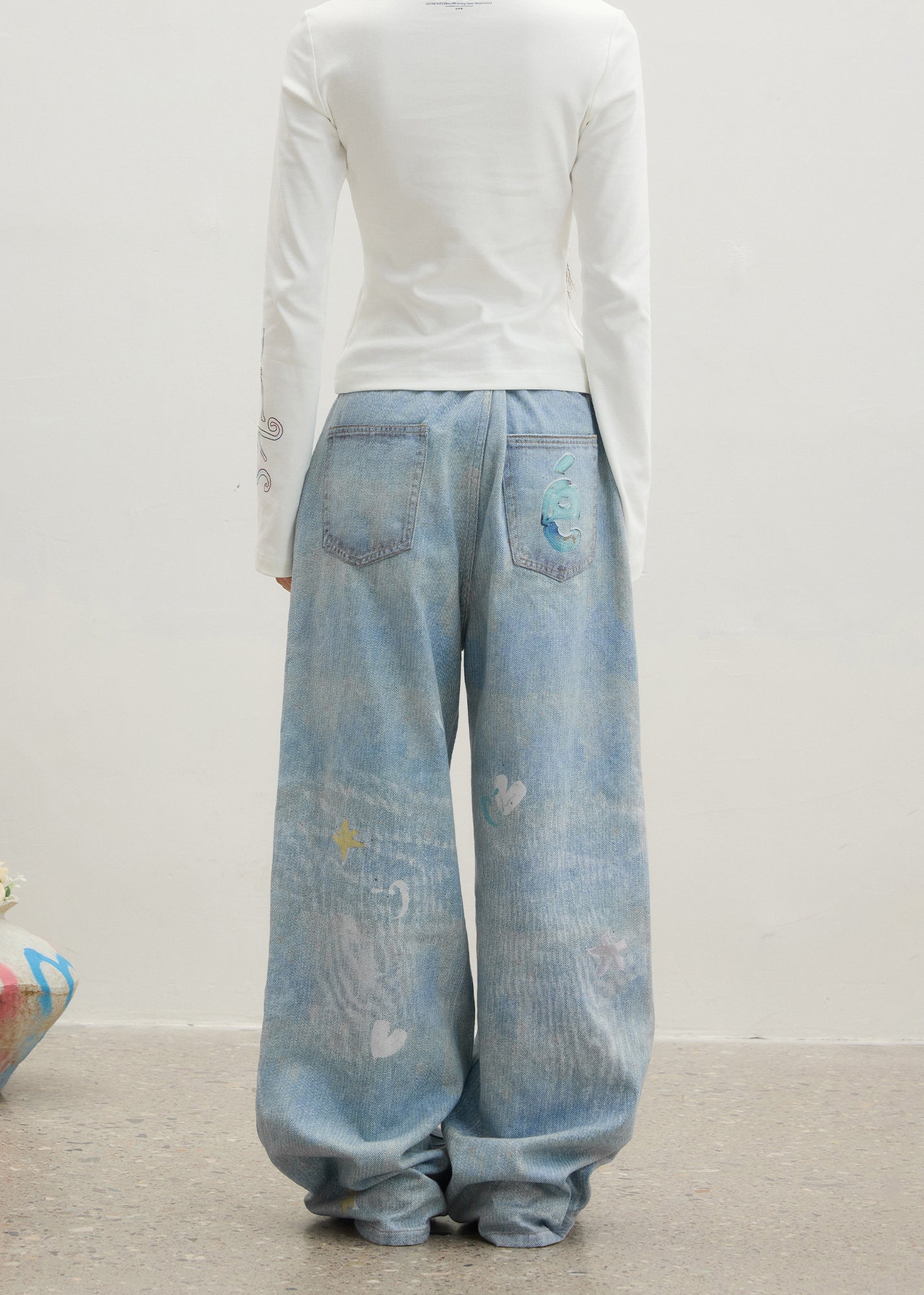 Original Design Blue Cartoon Print Zircon Denim Pants Spring