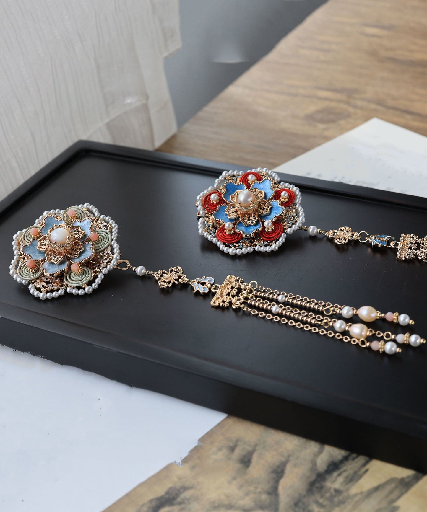 Original Design Blue Copper Overgild Shell Pearl Tassel Hairpin