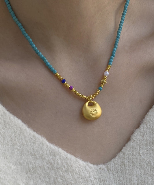Original Design Blue Copper Overgild Turquoise Pendant Necklace