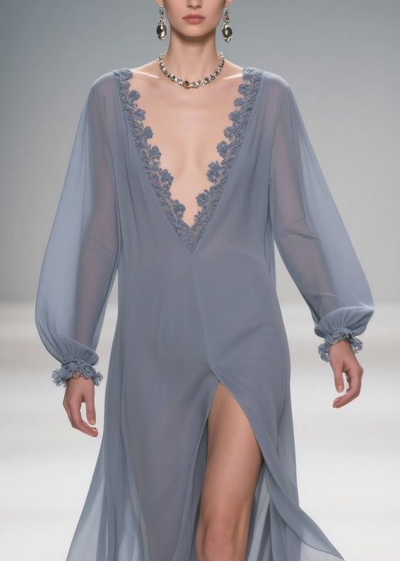 Original Design Blue Lace Side Open Solid Long Dress Lantern Sleeve