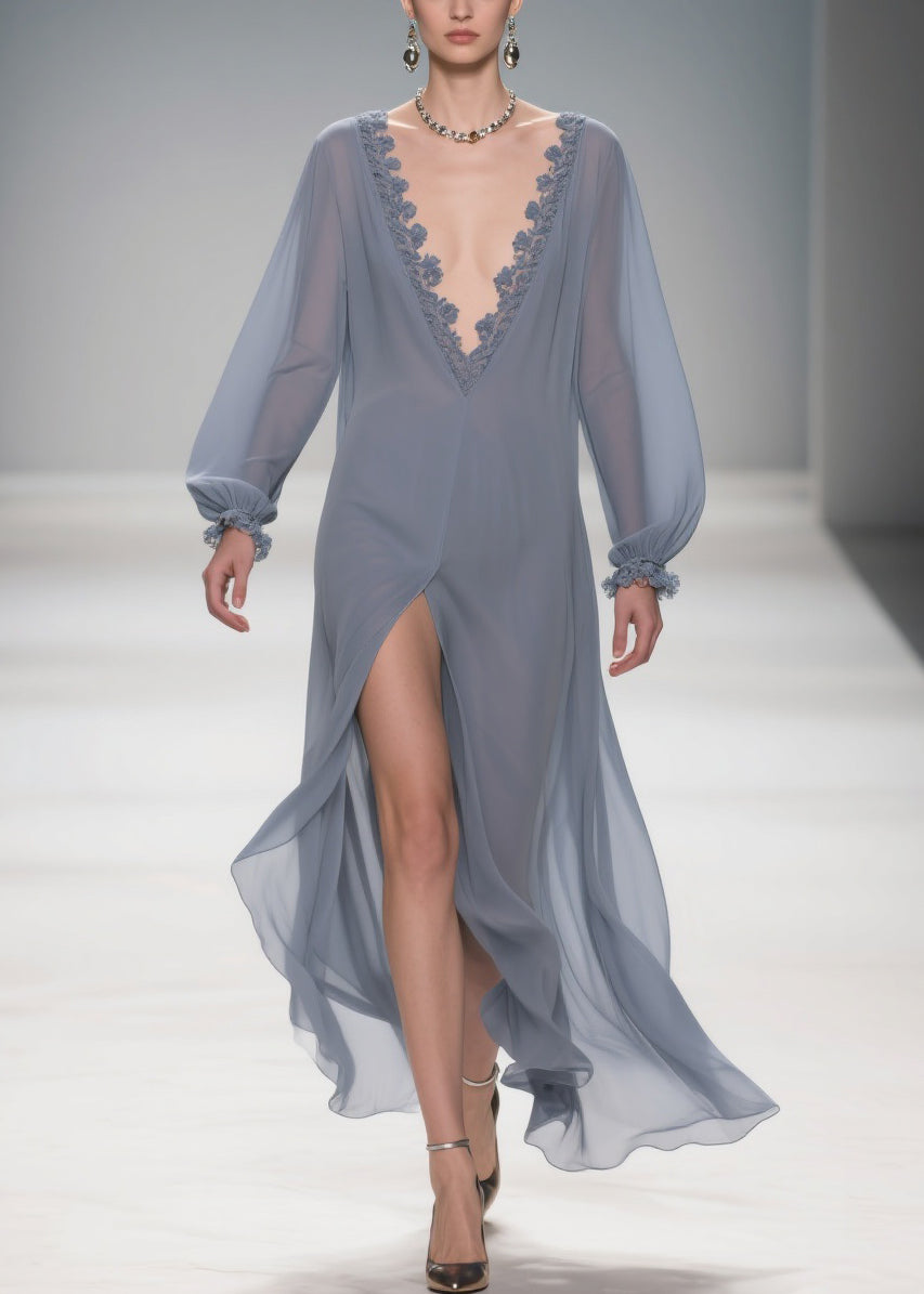 Original Design Blue Lace Side Open Solid Long Dress Lantern Sleeve