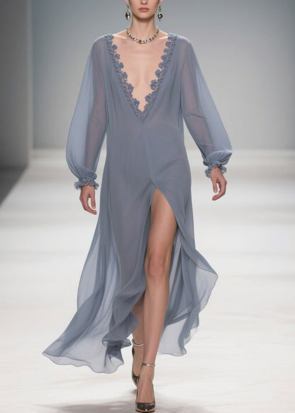 Original Design Blue Lace Side Open Solid Long Dress Lantern Sleeve