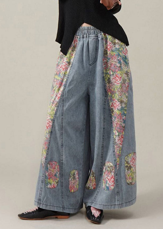 Original Design Blue Pockets Elastic Waist Print Patchwork Wide Leg Jeans