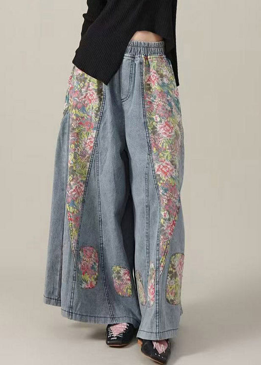 Original Design Blue Pockets Elastic Waist Print Patchwork Wide Leg Jeans