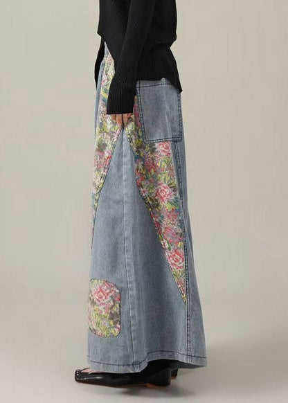Original Design Blue Pockets Elastic Waist Print Patchwork Wide Leg Jeans