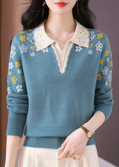 Original Design Blue Print Nail Bead Warm Cotton Knit Sweater Top Fall