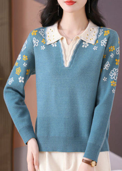 Original Design Blue Print Nail Bead Warm Cotton Knit Sweater Top Fall