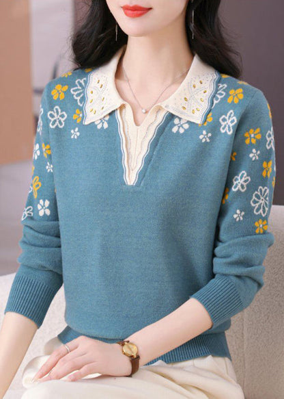 Original Design Blue Print Nail Bead Warm Cotton Knit Sweater Top Fall
