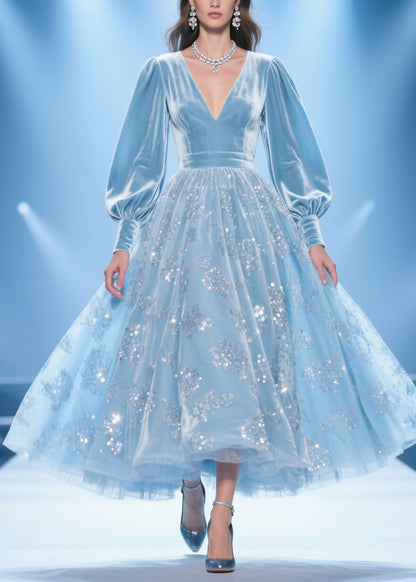 Original Design Blue Print Patchwork Silk Velvet Party Dress Spring