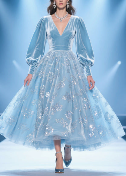 Original Design Blue Print Patchwork Silk Velvet Party Dress Spring