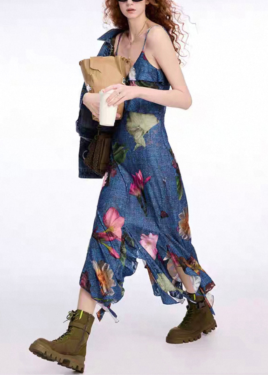 Original Design Blue V Neck Print Denim Spaghetti Strap Dress Sleeveless