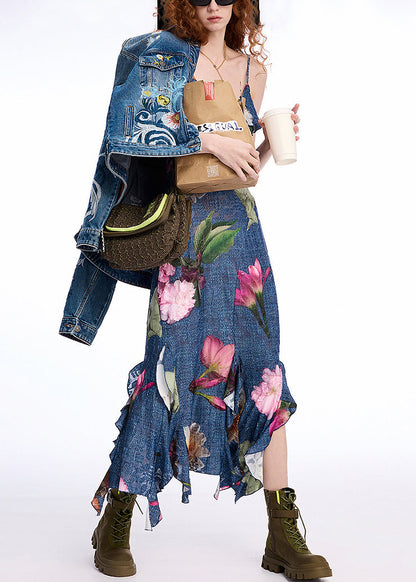 Original Design Blue V Neck Print Denim Spaghetti Strap Dress Sleeveless