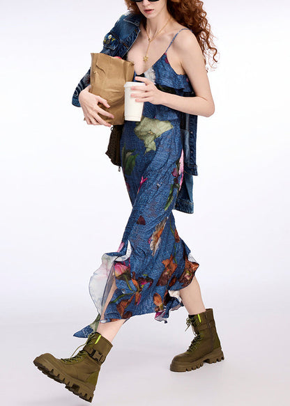 Original Design Blue V Neck Print Denim Spaghetti Strap Dress Sleeveless