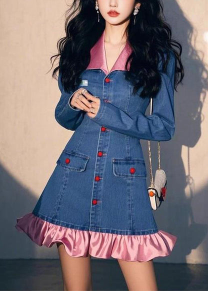 Original Design Blue Wrinkled Patchwork Denim Mid Dress Fall