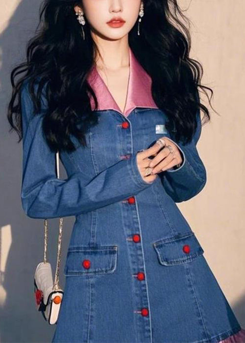 Original Design Blue Wrinkled Patchwork Denim Mid Dress Fall