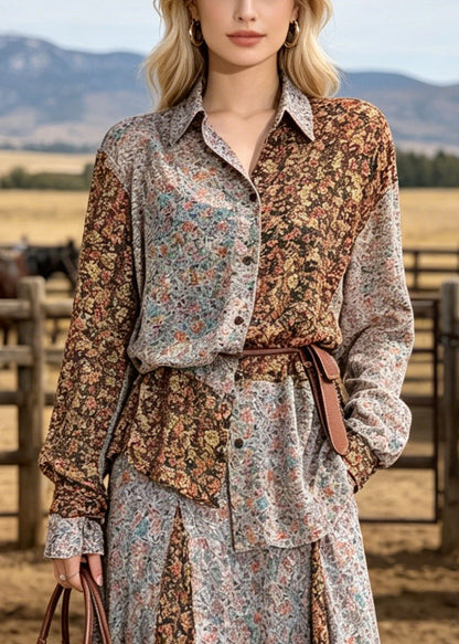 Original Design Brown Asymmetrical Print Silk Two Pieces Set Spring