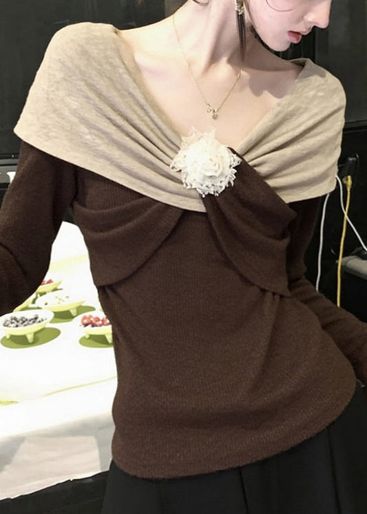 Original Design Brown Floral Patchwork Knit Sweaters Spring