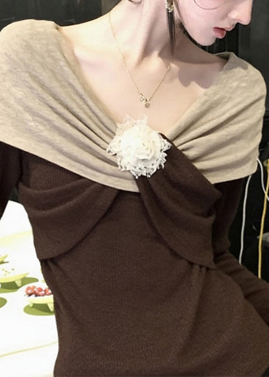 Original Design Brown Floral Patchwork Knit Sweaters Spring