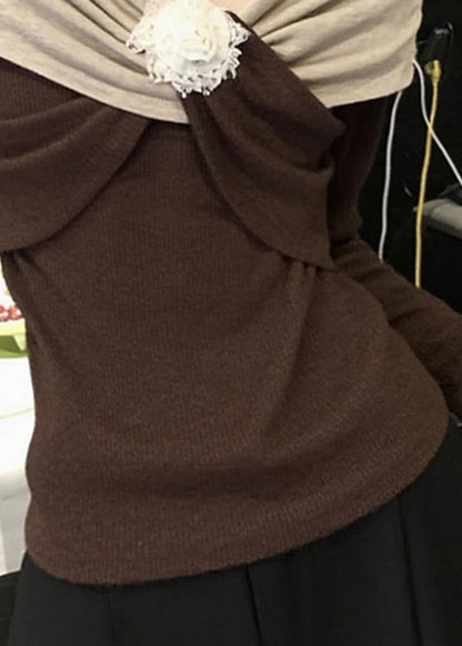 Original Design Brown Floral Patchwork Knit Sweaters Spring