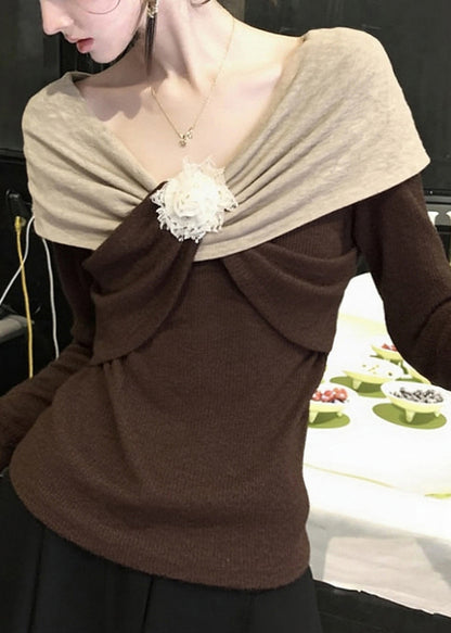 Original Design Brown Floral Patchwork Knit Sweaters Spring