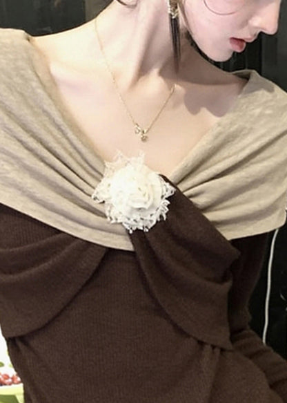 Original Design Brown Floral Patchwork Knit Sweaters Spring