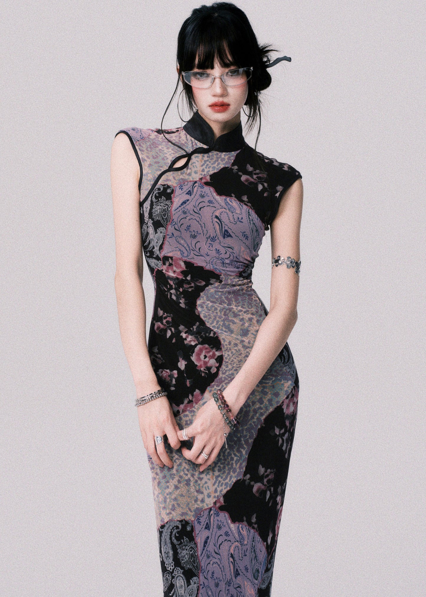 Original Design Chinese Style Stand Collar Print Tulle Maxi Dress Summer