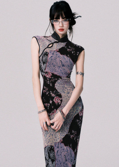 Original Design Chinese Style Stand Collar Print Tulle Maxi Dress Summer