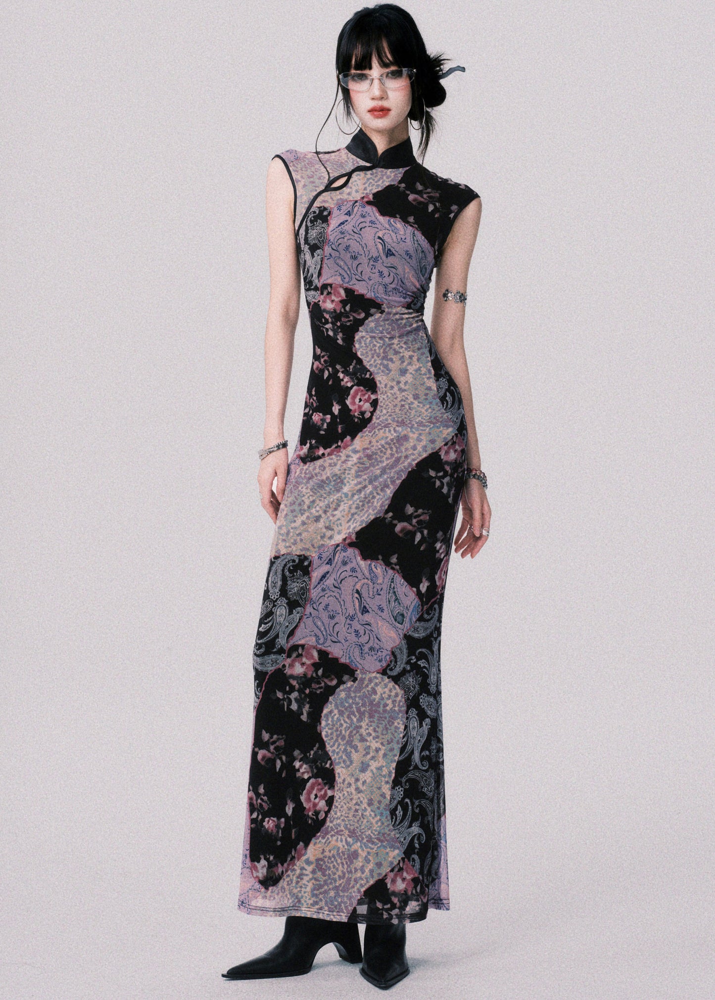 Original Design Chinese Style Stand Collar Print Tulle Maxi Dress Summer