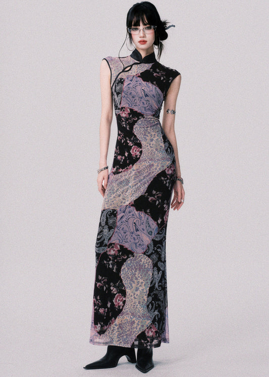 Original Design Chinese Style Stand Collar Print Tulle Maxi Dress Summer