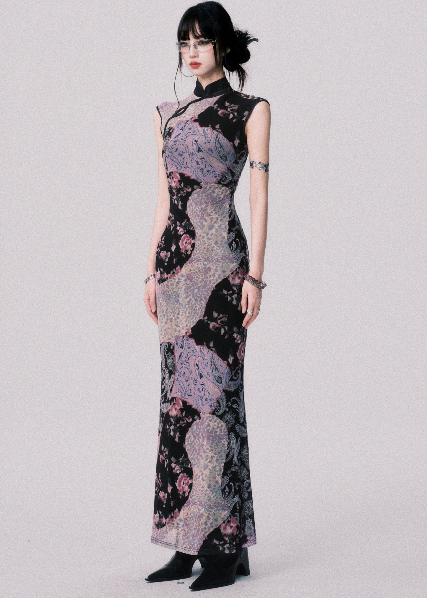 Original Design Chinese Style Stand Collar Print Tulle Maxi Dress Summer