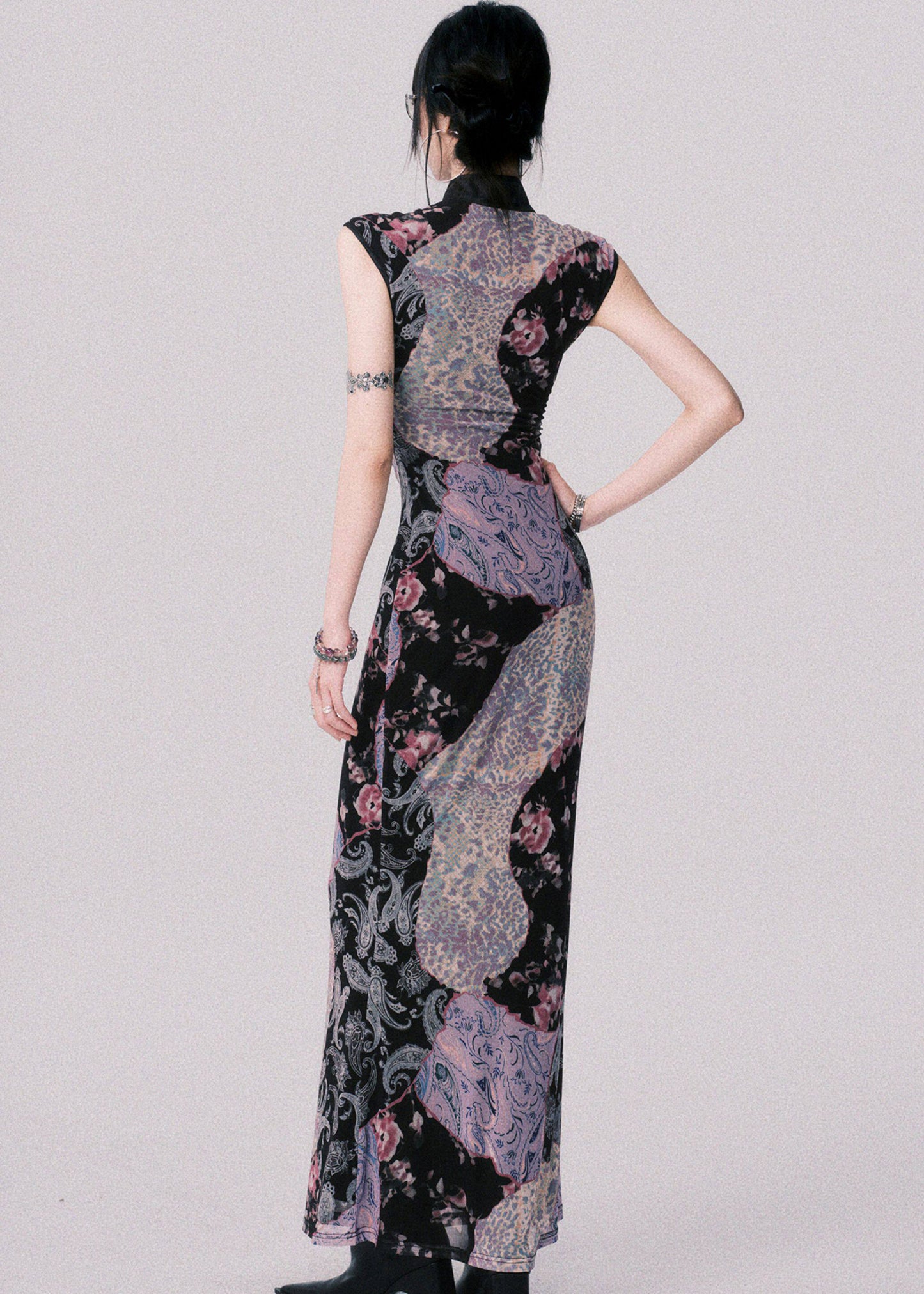 Original Design Chinese Style Stand Collar Print Tulle Maxi Dress Summer