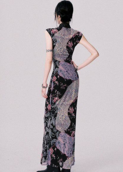 Original Design Chinese Style Stand Collar Print Tulle Maxi Dress Summer