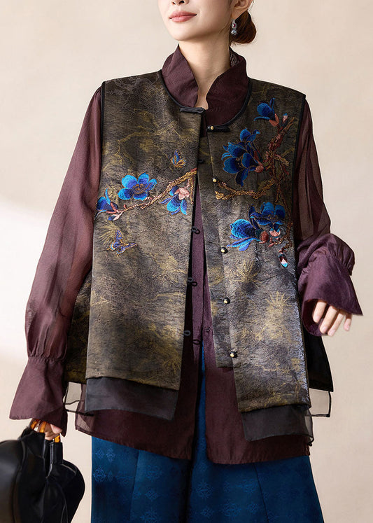 Original Design Chocolate Embroidered Patchwork Tulle Satin Vest Fall