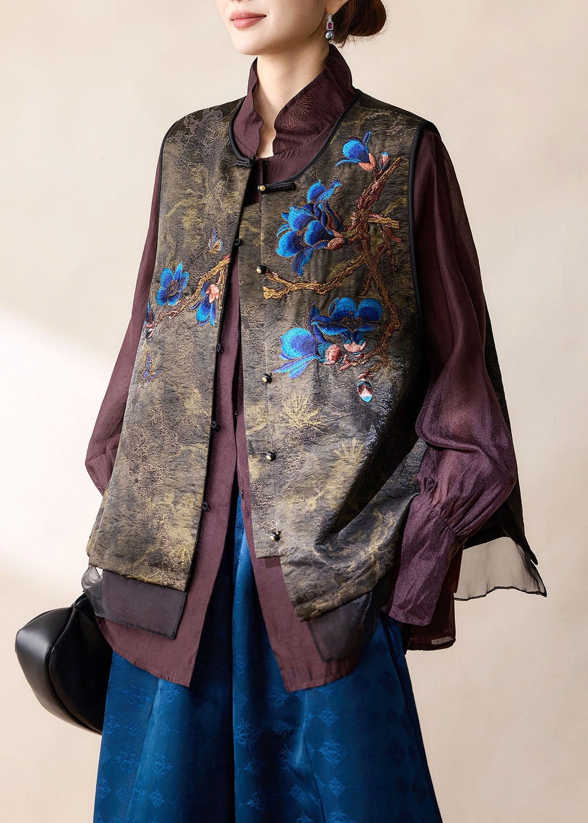Original Design Chocolate Embroidered Patchwork Tulle Satin Vest Fall