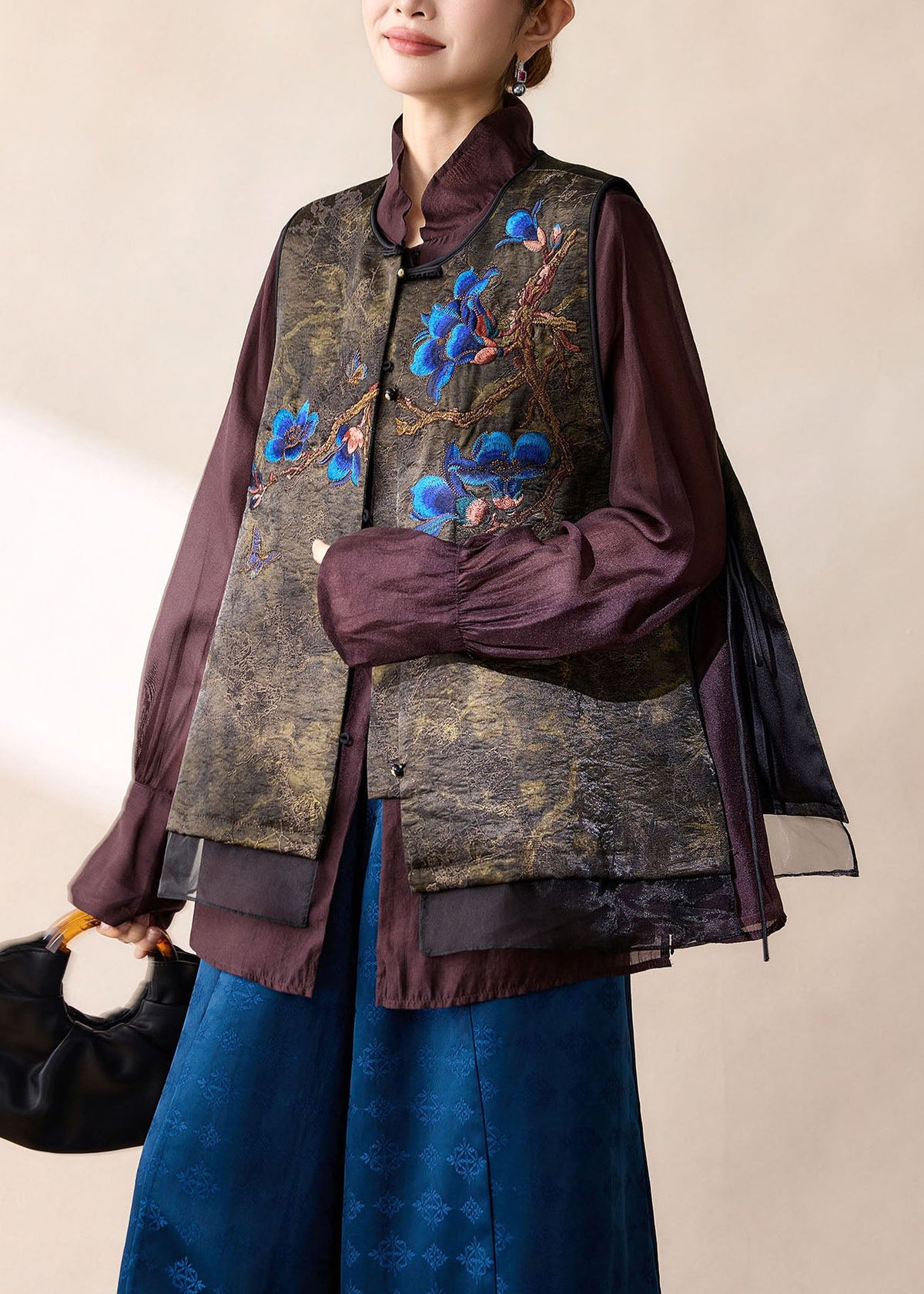 Original Design Chocolate Embroidered Patchwork Tulle Satin Vest Fall