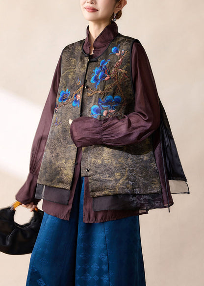 Original Design Chocolate Embroidered Patchwork Tulle Satin Vest Fall