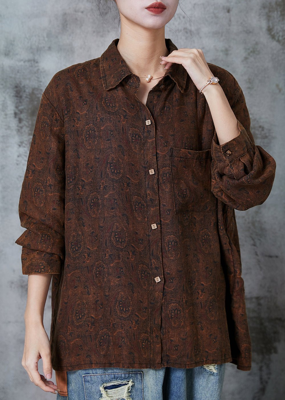 Original Design Chocolate Oversized Print Cotton Top Spring