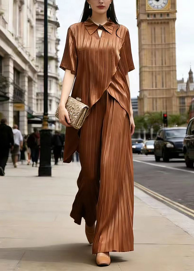 Original Design Coffee Asymmetrical Design Silk Two Pieces Set Summer