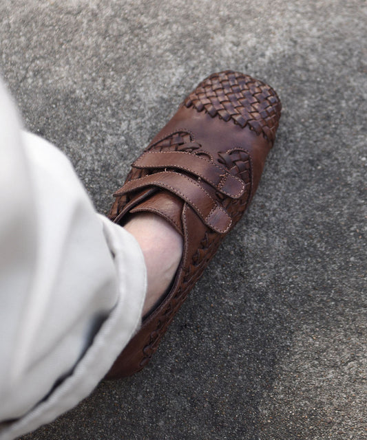 Original Design Coffee Cowhide Leather Woven Loafer Shoes
