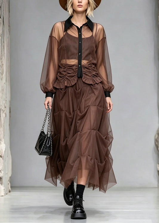 Original Design Coffee Peter Pan Collar Wrinkled Patchwork Tulle Two Pieces Set Summer