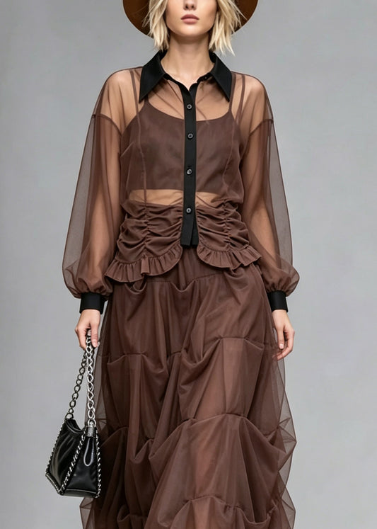 Original Design Coffee Peter Pan Collar Wrinkled Patchwork Tulle Two Pieces Set Summer