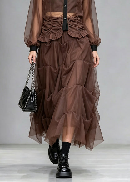 Original Design Coffee Peter Pan Collar Wrinkled Patchwork Tulle Two Pieces Set Summer