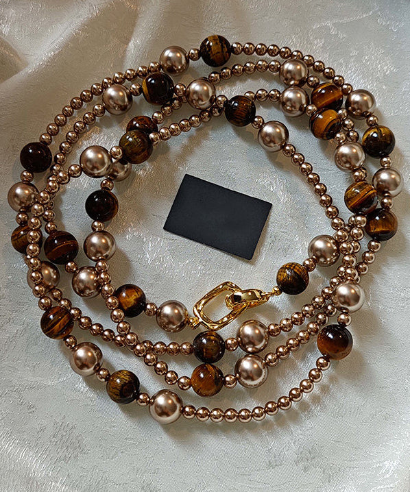 Original Design Coffee Tiger's Eye Stone Ball Double Tier Copper Long Necklace