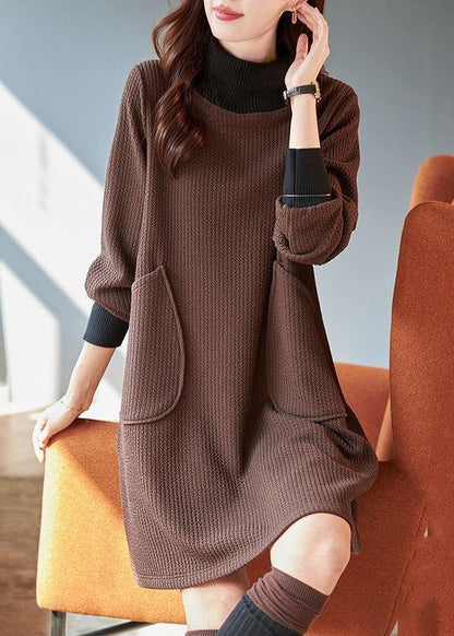 Original Design Coffee Turtleneck Patchwork Pockets Mid Dress Lantern Sleeve