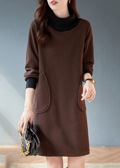 Original Design Coffee Turtleneck Patchwork Pockets Mid Dress Lantern Sleeve